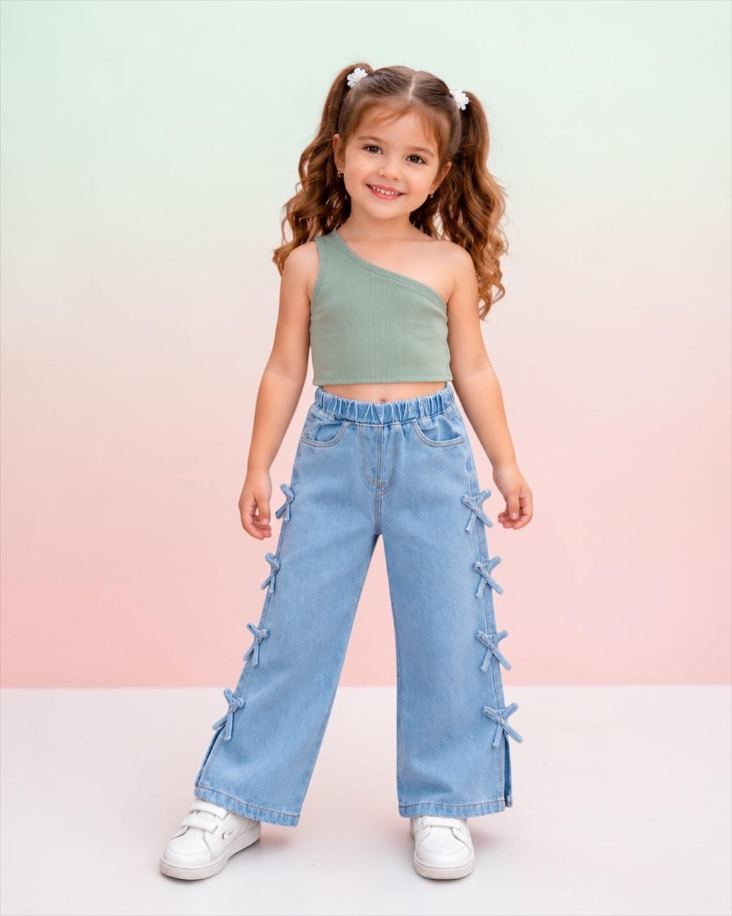 Oneshoulder top with ice Wide-leg Fayounka Jeans Pants 2p