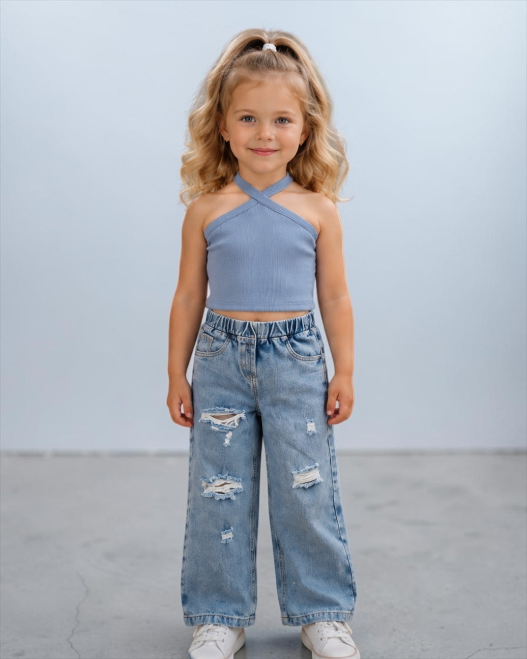 Cross Cotton Top with Wide leg jeans pants 2p