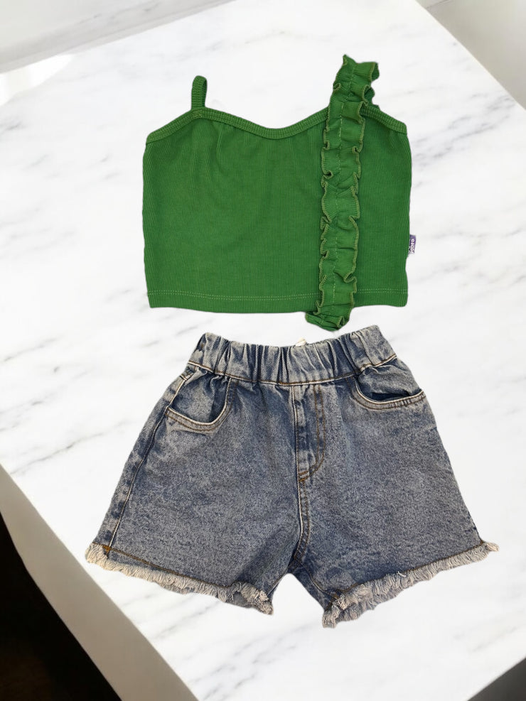 Last peice green top with jeans short