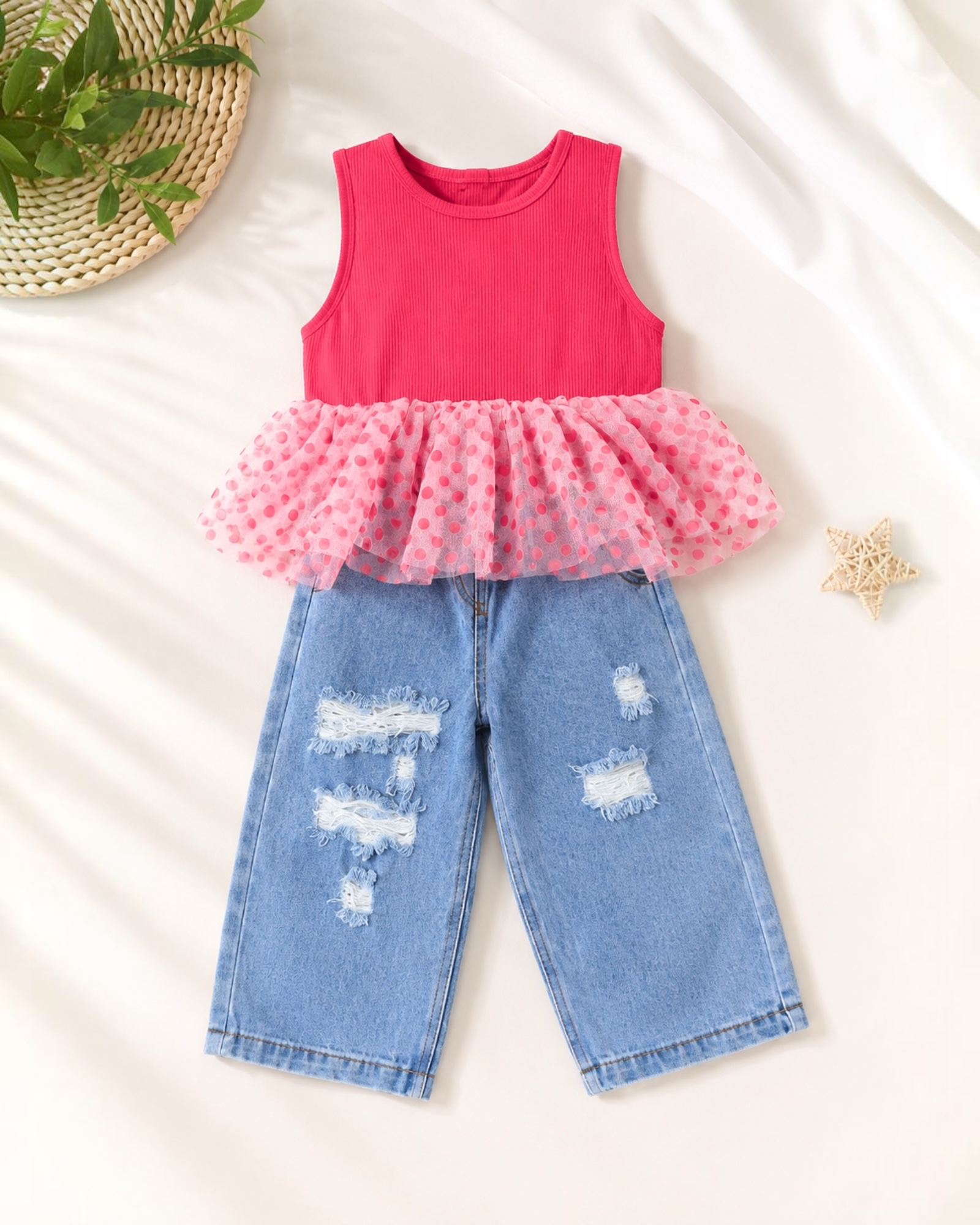 Cutting Wide-leg Jeans Pants With Cotton Dots Top