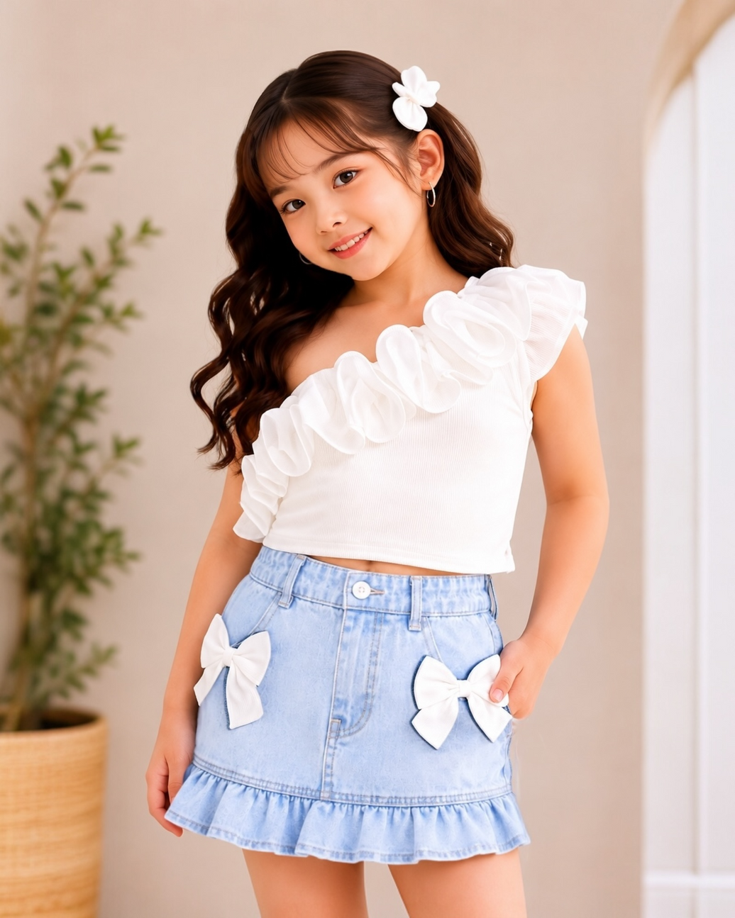 K&F Suit Jeans Skirt With Cotton One-shoulder Shirt  2p Delivery of this product after (15-6-2026)