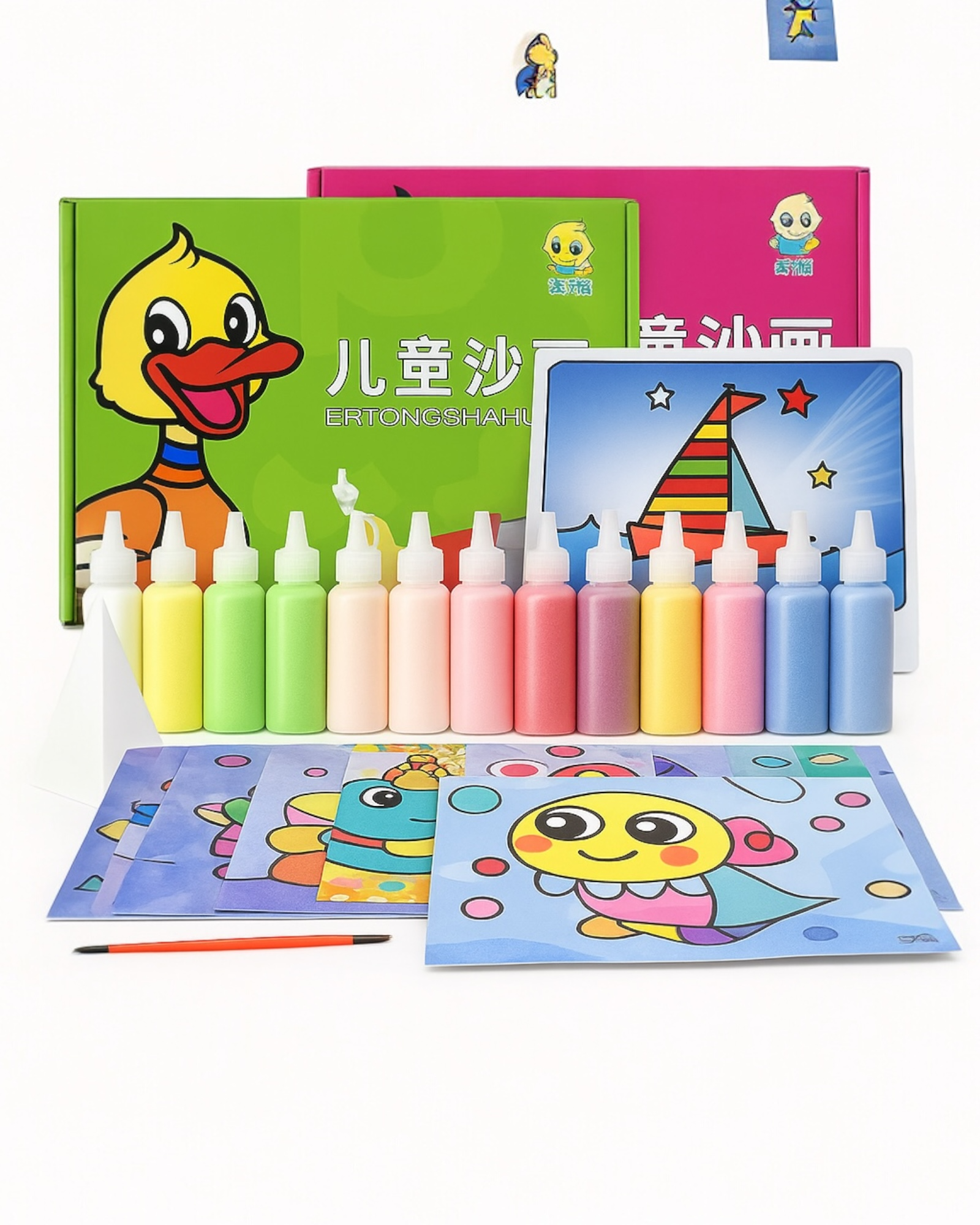 مجموعة الرسم بالرمل – 12 اسكتش + 12 لون رمل + أدوات توزيع