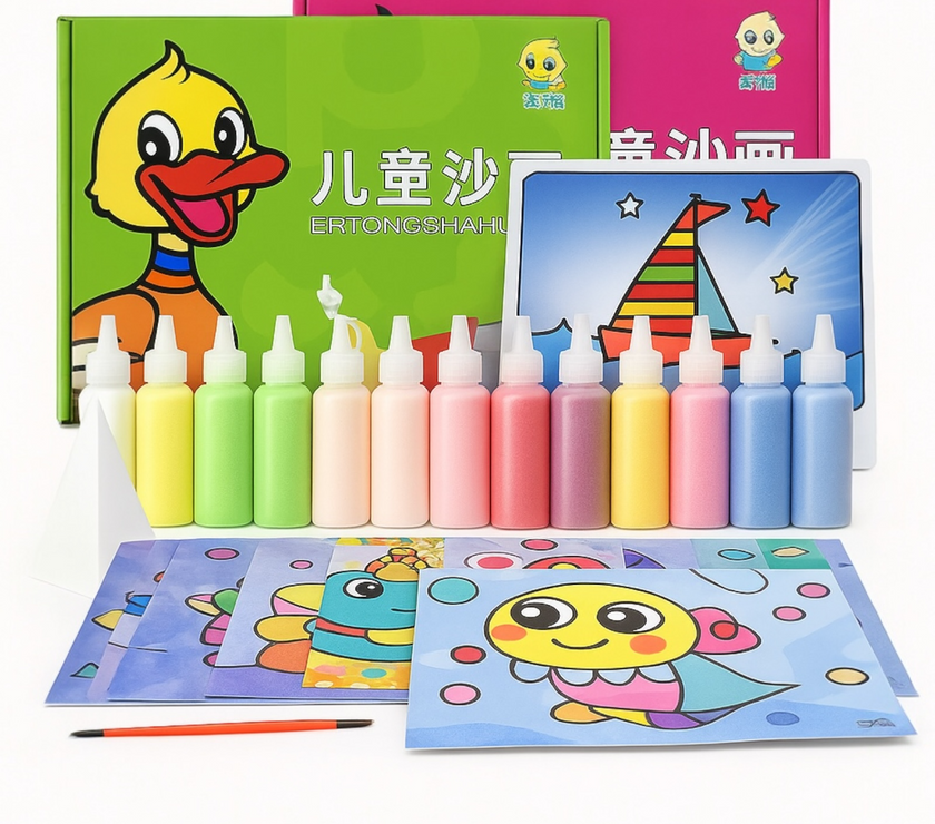 مجموعة الرسم بالرمل – 12 اسكتش + 12 لون رمل + أدوات توزيع