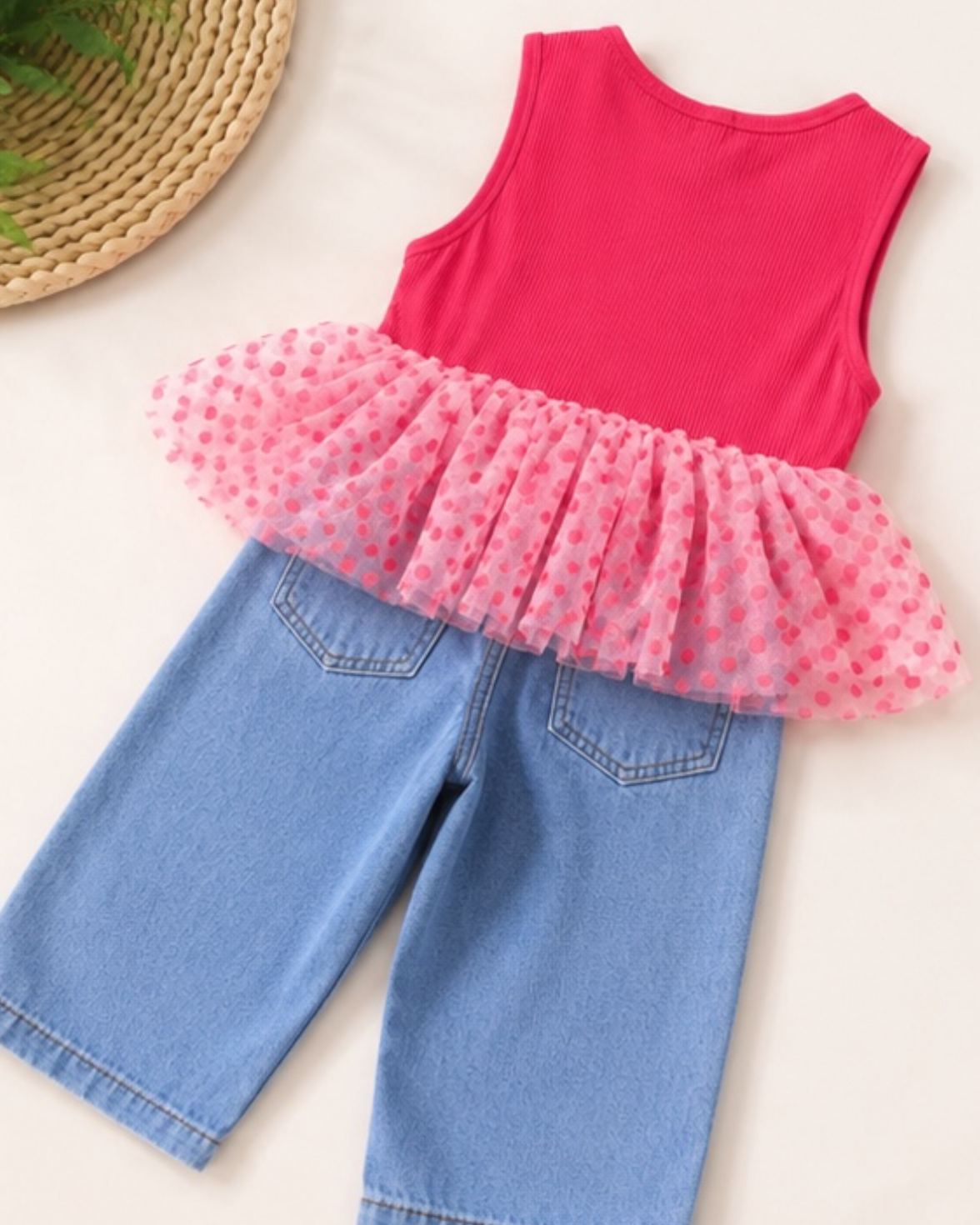 Cutting Wide-leg Jeans Pants With Cotton Dots Top 2p