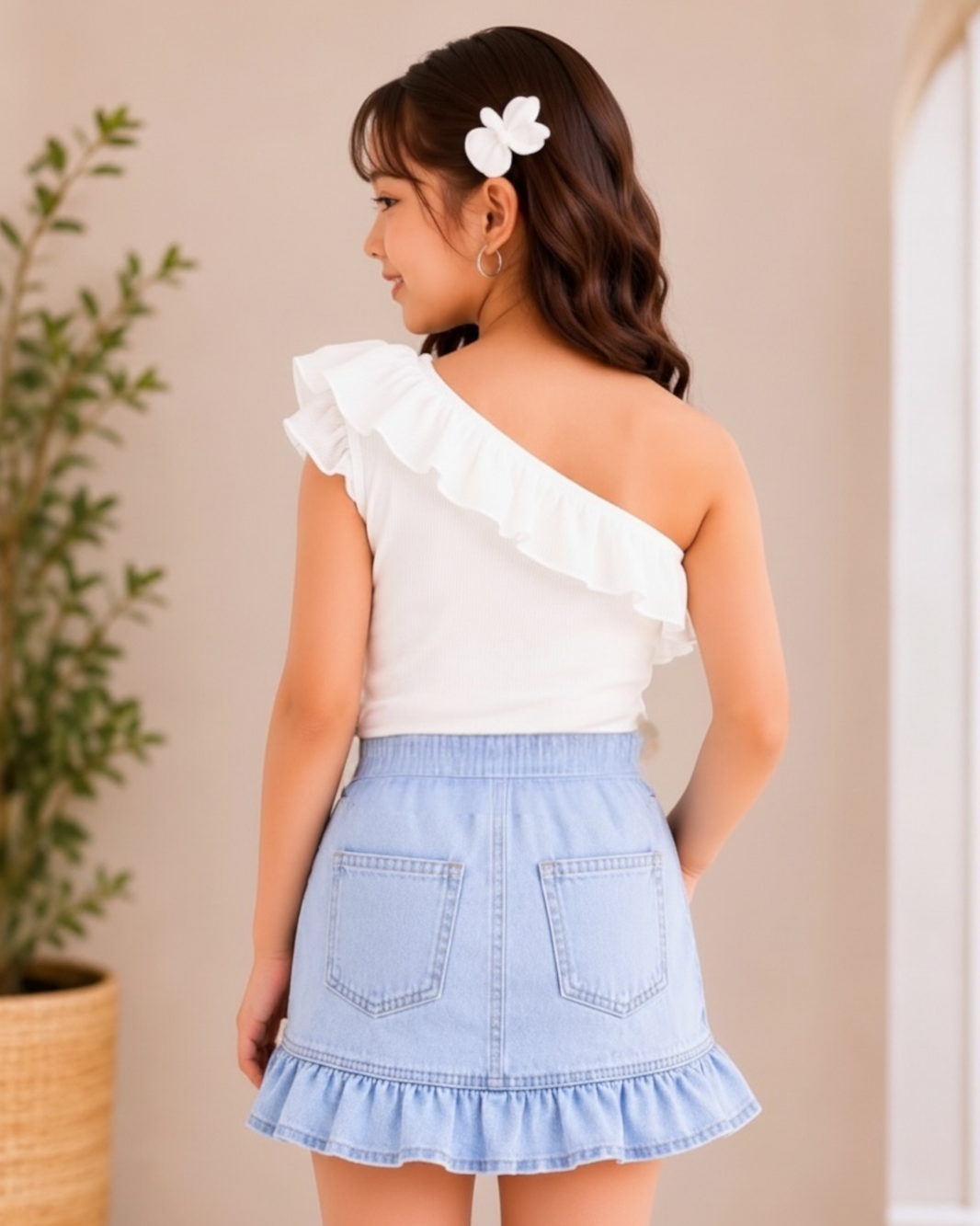 K&F Suit Jeans Skirt With Cotton One-shoulder Shirt  2p Delivery of this product after (15-6-2026)