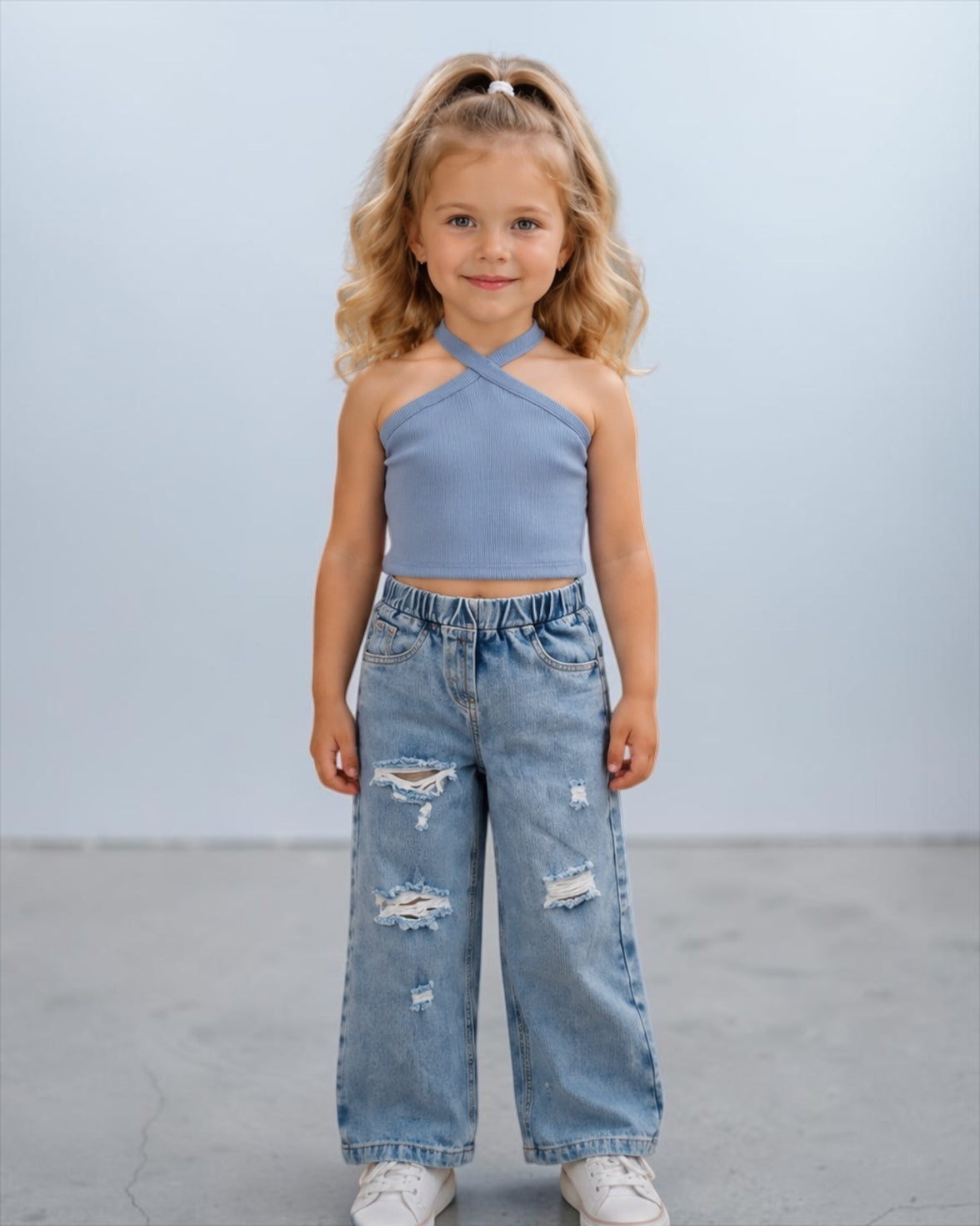 Cross Cotton Top with Wide leg jeans pants 2p