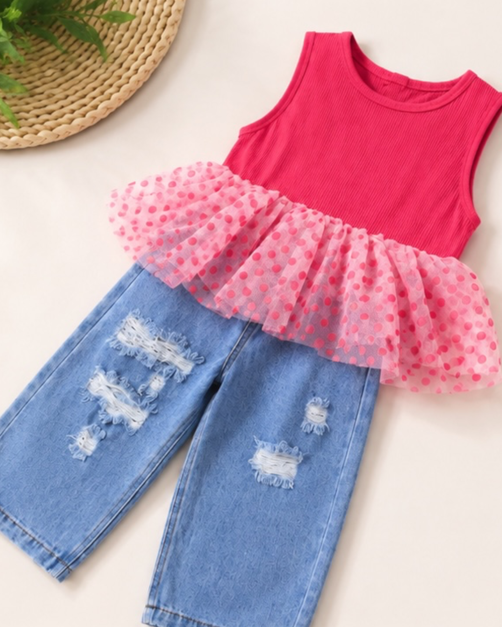 Cutting Wide-leg Jeans Pants With Cotton Dots Top 2p