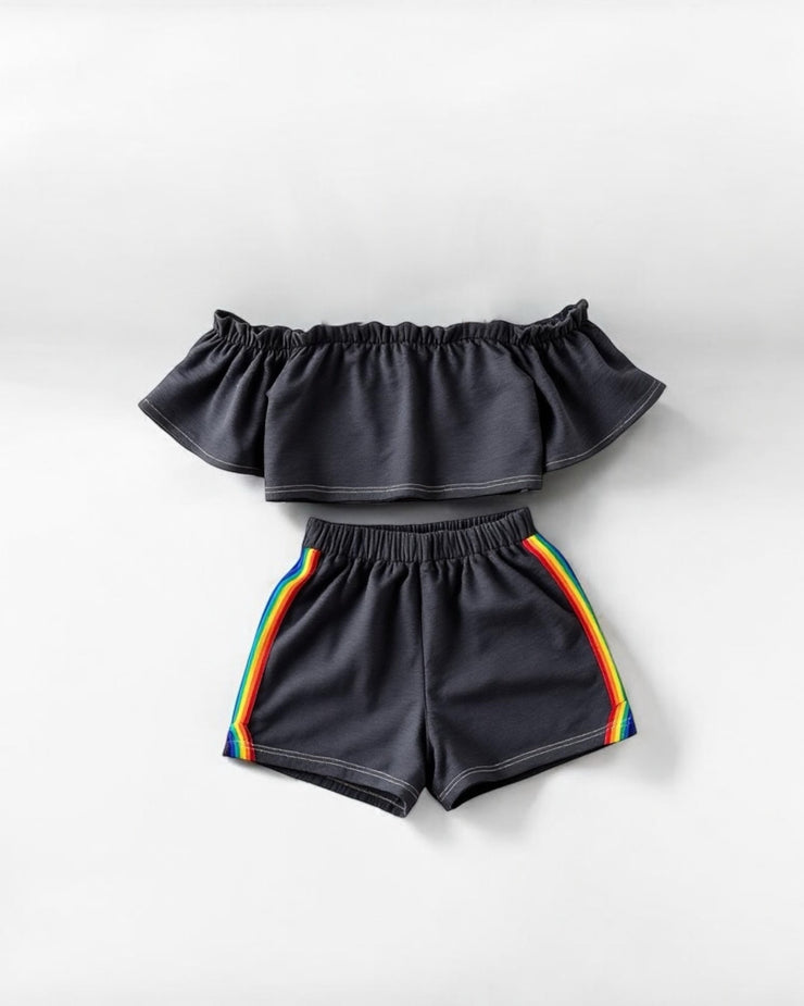 Off shoulder gray rainbow suit